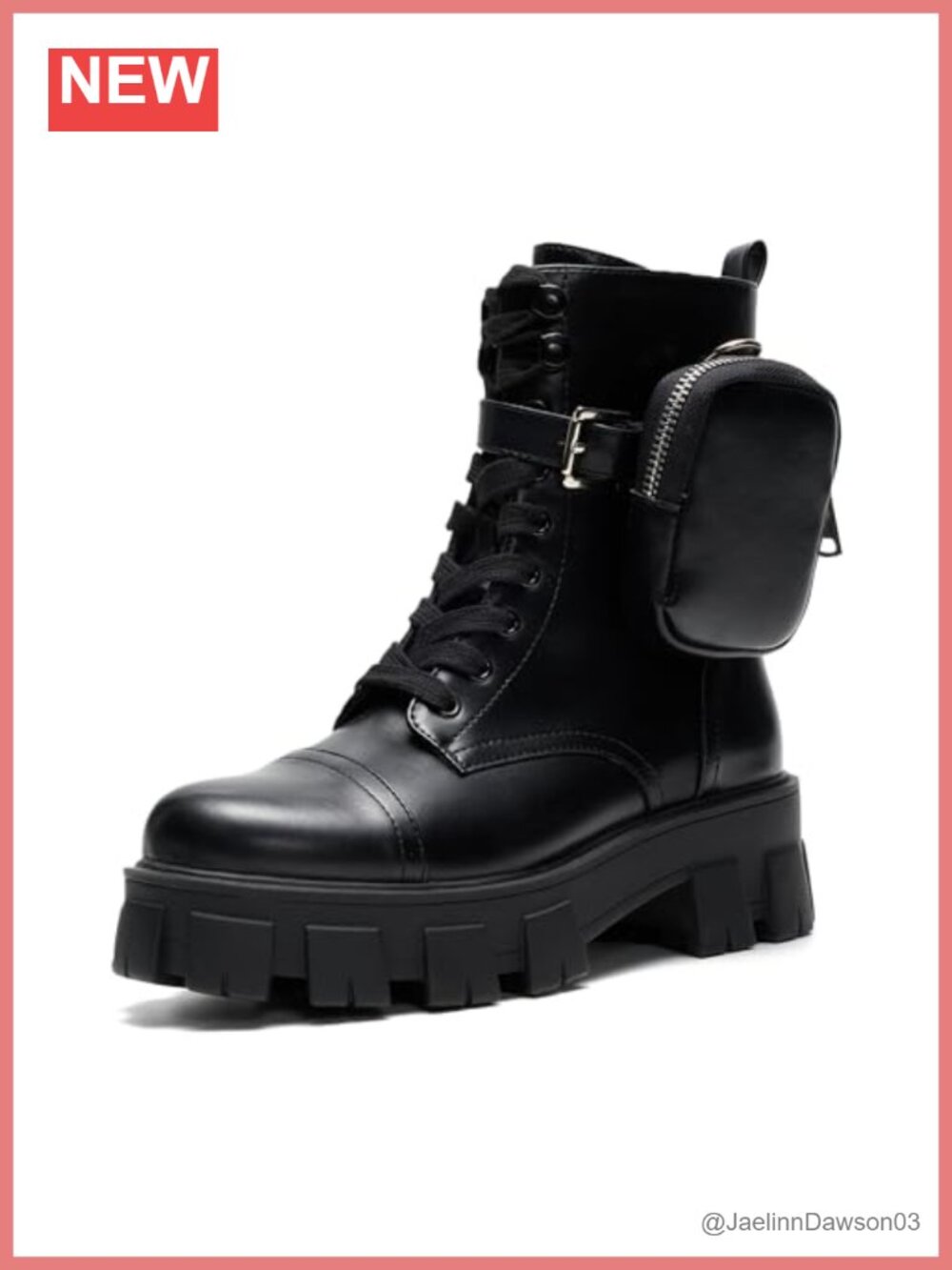 Women's Platform Combat Boots with Zippered Pouch - Chunky Lace Up Ankle Booties